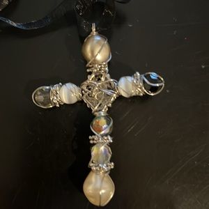 Fabulous gray, black, pearl, and rhinestone wire cross.